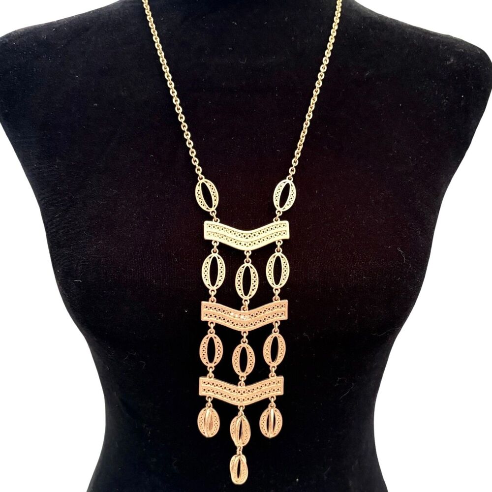 Stella & Dot Kimberly Tiered Bohemian Statement Necklace Antique Gold Tone